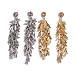 Elegant gold and silver geometric leaf fringe tassel drop earrings with metal chain leaves