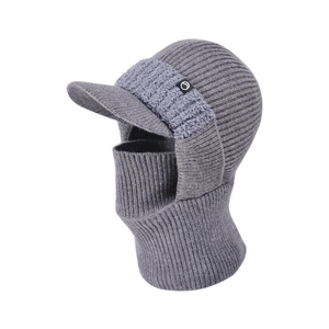 Winter knitted balaclava with visor and neck warmer in dark gray fleece lining