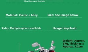Detail of red alloy motorcycle keychain showing weight and thickness specifications