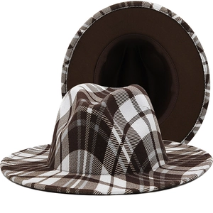 Set of two plaid fedora hats with wide brims and brown inner lining in classic retro style