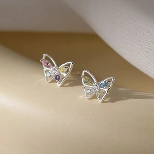Minimalist S999 sterling silver butterfly stud earrings with colorful zircon stones
