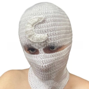 Detailed knit Moon Knight balaclava with white moon embroidery on the forehead area