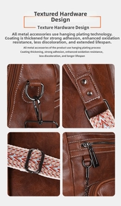 Detail of vintage brown backpack featuring dark gunmetal hardware and boho strap