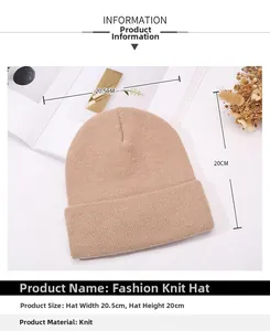 Detailed knit beanie size guide showing 20.5cm width and 20cm height measurements