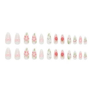 Cute 3D floral and bunny press-on nails set with almond shape in semi-translucent white