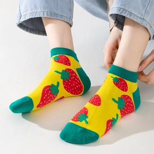 Women's low cut cotton socks with yellow strawberry pattern and green trim detail