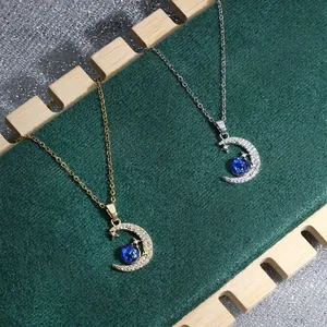 Star and moon necklace with cubic zirconia moon and blue planet pendant for men and women