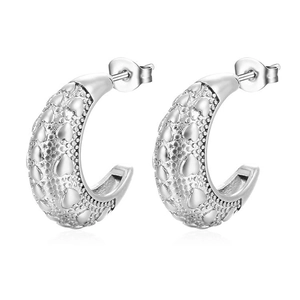 French vintage style silver stainless steel hoop earrings with heart pattern texture