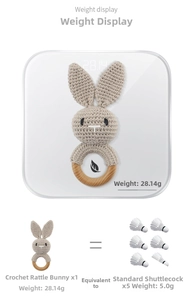 Lightweight 28g handmade crochet bunny rattle with eco-friendly natural wood ring