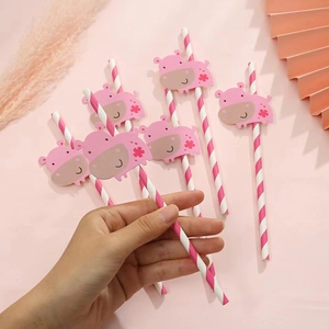 Pink striped paper straws featuring cute hippopotamus card toppers for party decor