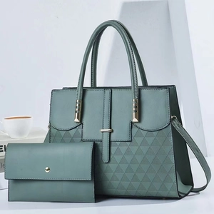 Morandi green two-piece handbag set with textured tote and matching long wallet