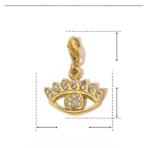 Technical drawing of gold evil eye pendant showing 24mm height and 18mm width details