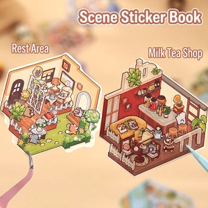 Colorful mini cartoon landscape sticker book featuring creative indoor scene DIY designs