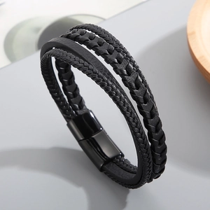 Men's multilayer braided black leather bracelet with titanium steel magnetic clasp