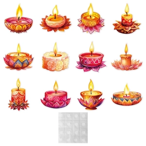 Diwali wall sticker set with 12 colorful candle designs and adhesive glue dots