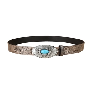 Vintage brown leather belt with embossed patterns and turquoise stone buckle inlay