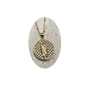 Virgin Mary Guadalupe pendant necklace with gold beaded satellite chain and sparkling zircon