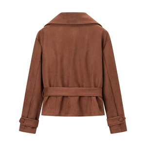 Women's rust brown faux suede jacket with notched lapels and back belt detail
