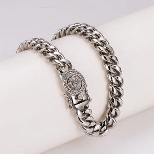 Men Hip Hop Chunky Cuban Link Chain Necklace 304 Stainless Steel Polished Lion Head Clasp With Sparkling Rhinestones