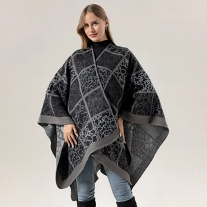 Poncho tricoté rétro avec motifs floraux et géométriques gris pour homme et femme