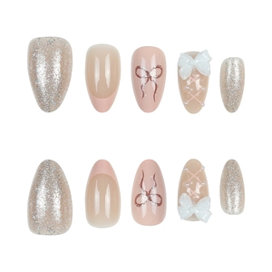 Pink and silver almond press-on nails with 3D bows, pearls, and French tips set
