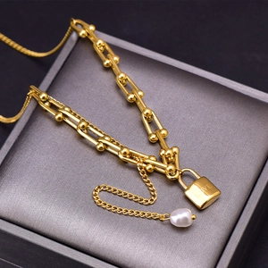 U-shaped gold stainless steel chain necklace with LOVE lock and white pearl pendant