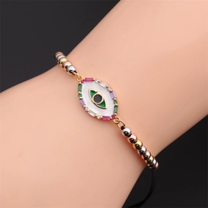 Bracelet tissé ajustable avec perles mauvais œil en zircon plaqué or et émail coloré