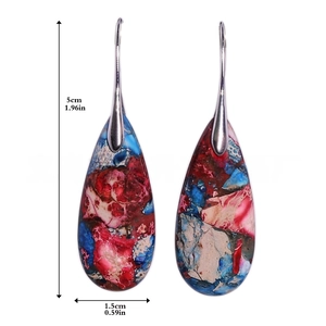 Detailed view of colorful drop earrings with marble stone texture and size dimensions