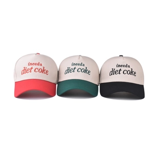 Three embroidered 'diet coke' cotton baseball caps in red, green, and black colorways