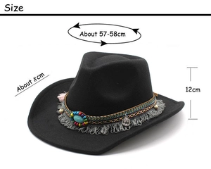 Detail of western felt cowboy hat with turquoise bead, woven band and grey tassel decor