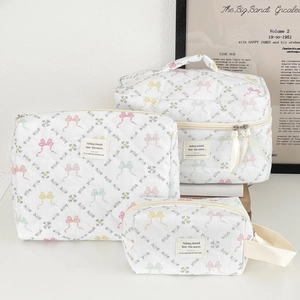 Trousse De Maquillage Matelassée Imprimé Floral Et Nœud Organisateur Cosmétique Grande Capacité Sac De Toilette Portatif Doux
