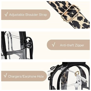 Detail of adjustable leopard strap, anti-theft zipper, and earphone port on clear PVC bag