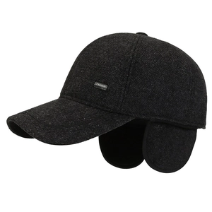 Winter wool baseball cap with ear flaps in black herringbone pattern for men