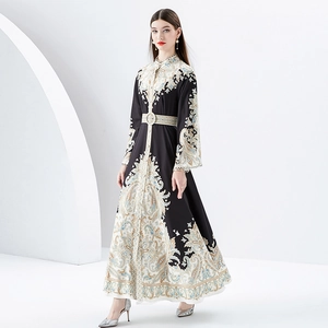 Elegant palace style long floral dress with trumpet sleeves and paisley print patterns