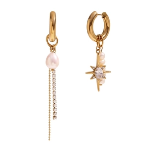 Asymmetric 18K gold-plated star and pearl earrings with zircon tassels on white background