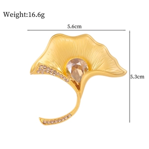 Golden Ginkgo leaf brooch with champagne crystals and rhinestones, size 5.6cm by 5.3cm