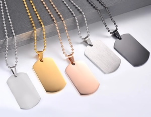Blank stainless steel dog tag necklaces in silver, gold, rose gold, and black finishes