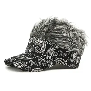 Ethnic paisley visor cap with silver grey curly wig hair for men and women