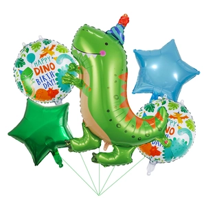5-piece dinosaur foil balloon set with T-Rex and star shapes for birthday party decoration