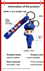 Detailed view of cartoon soldier keychain dimensions with soft PVC strap and alloy clasp