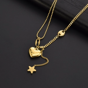 Heart Star Pendant Necklace Titanium Steel Love Engraved Double Layer Chain Golden Fashion Jewelry Women