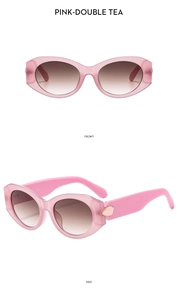 Pink cat eye sunglasses with brown gradient lenses shown in front and side views