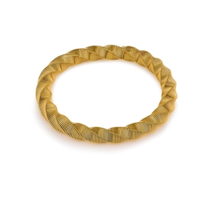 Minimalist golden twisted rope bangle in stainless steel with a brushed metallic texture