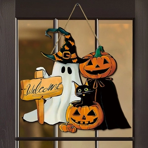 Cartel de bienvenida de Halloween en madera con fantasma, calabaza y gato para puerta
