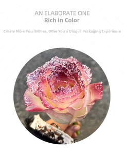 Close-up of pink artificial rose head with frosty ice crystal texture for Christmas decor