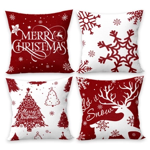 Set of 4 Christmas pillow covers with red and white reindeer and snowflake patterns