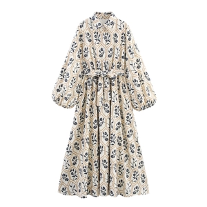 Retro Französisch Maxikleid Hemdkleid Floral Bestickt Laternenärmel Gürtel Knopfleiste Elegantes Langes Kleid