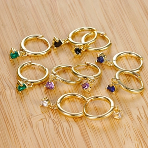 Chic S925 silver gold hoop earrings with multi-colored cubic zirconia pendants