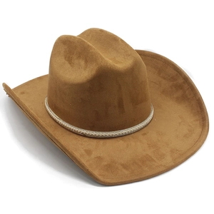 Detailed view of brown felt cowboy hat with braided rhinestone band and wide brim