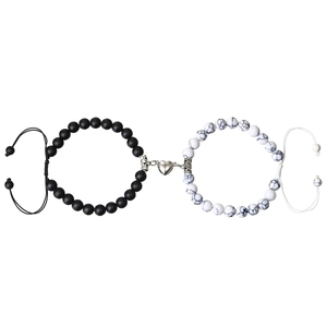 Couples heart magnetic bracelets with black matte and white turquoise beads